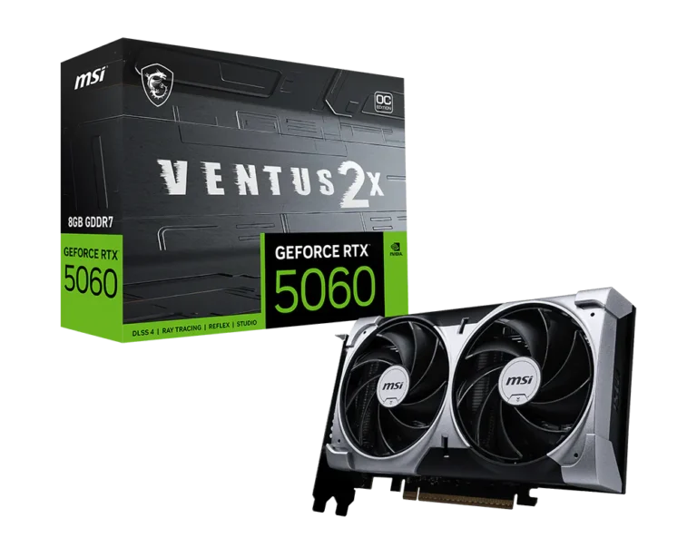 Product image showing an MSI GeForce RTX 5060 graphics card next to its Ventus 2X box with green and black design.