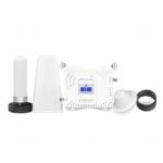 Wireless home security alarm kit showing the control panel, external antenna, siren, and sensor modules.