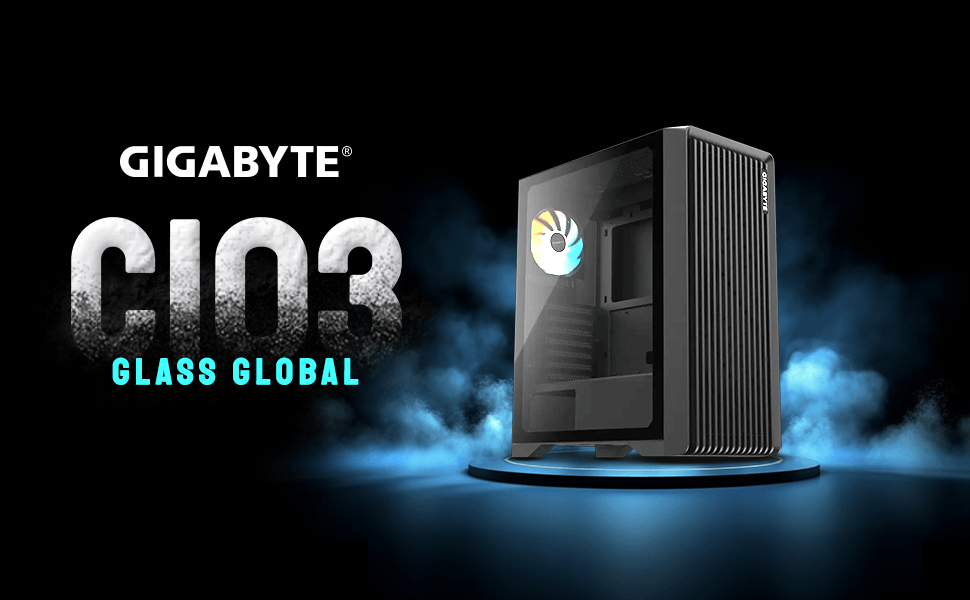 Gigabyte C103 Glass Global PC case with a glass side panel and RGB-lit fan on a blue-lit pedestal.