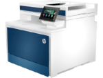 HP all-in-one office printer with blue front panel and color touchscreen at an angle