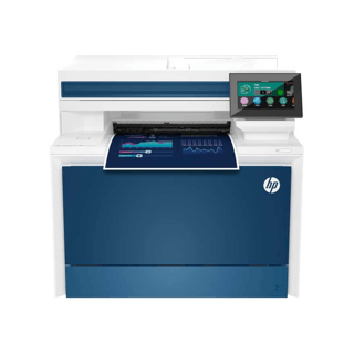 HP color laser printer with a touchscreen control panel, printing a color document onto a tray of papers.