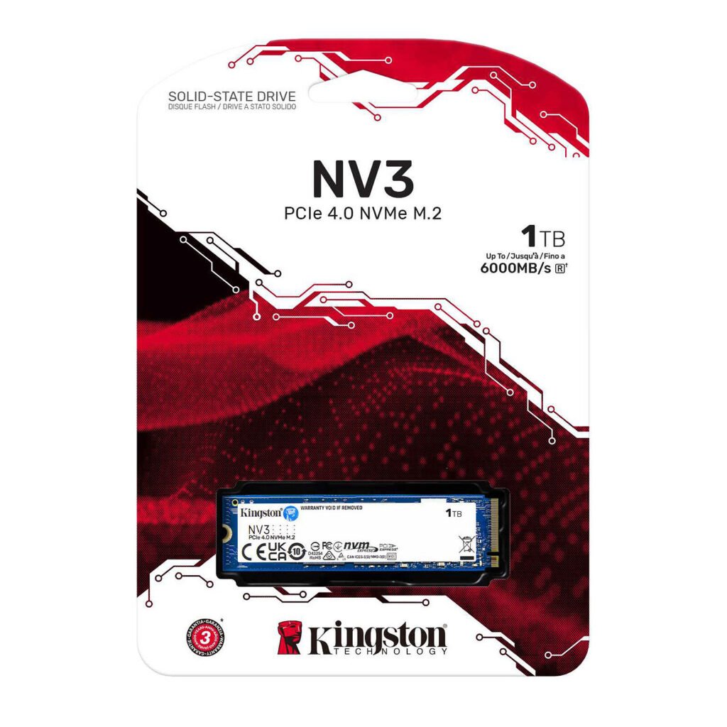 Kingston NV3 1TB PCIe 4.0 NVMe M.2 solid‑state drive on its retail packaging with red and white circuit graphics.