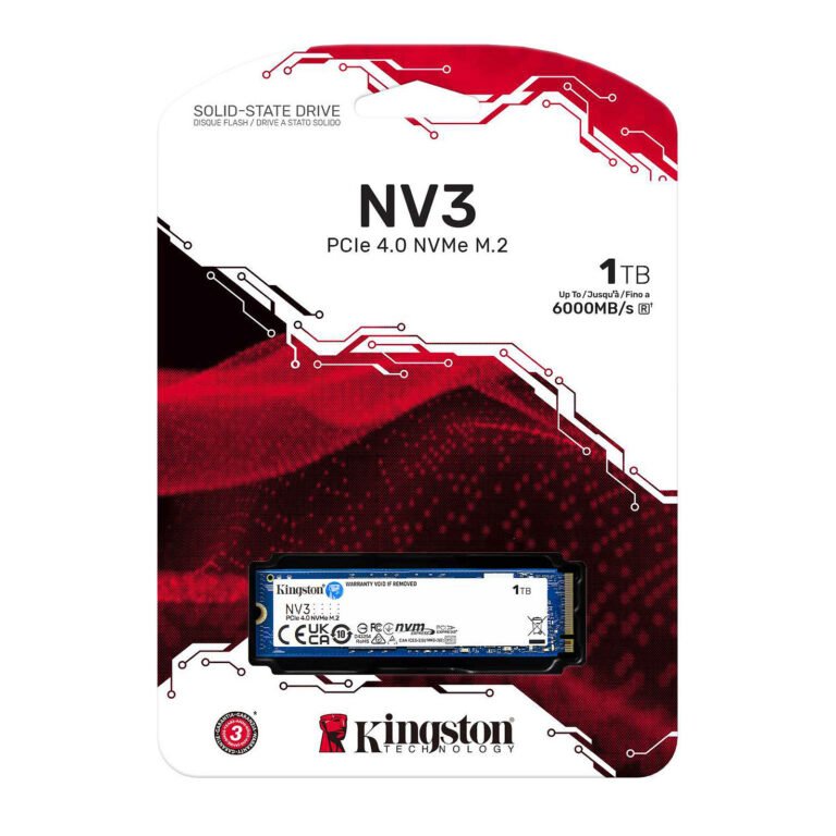 Kingston NV3 1TB PCIe 4.0 NVMe M.2 solid‑state drive on its retail packaging with red and white circuit graphics.