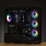 Black mid‑tower gaming PC with a transparent side panel, RGB airflow fans, and a GeForce RTX graphics card visible inside.