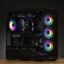 Black mid‑tower gaming PC with a transparent side panel, RGB airflow fans, and a GeForce RTX graphics card visible inside.