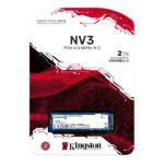 Kingston NV3 NVMe M.2 SSD packaging, showing 2 TB capacity and PCIe 4.0 branding on a white and red circuit-themed design