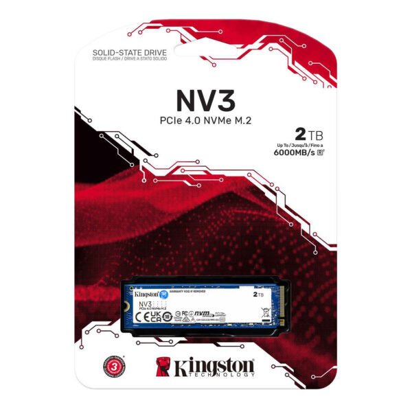 Kingston NV3 NVMe M.2 SSD packaging, showing 2 TB capacity and PCIe 4.0 branding on a white and red circuit-themed design
