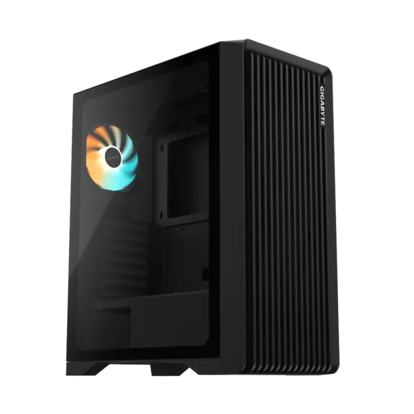 Black Gigabyte PC case with a transparent side panel and a colorful RGB fan visible inside, front vents on the right side of the image.
