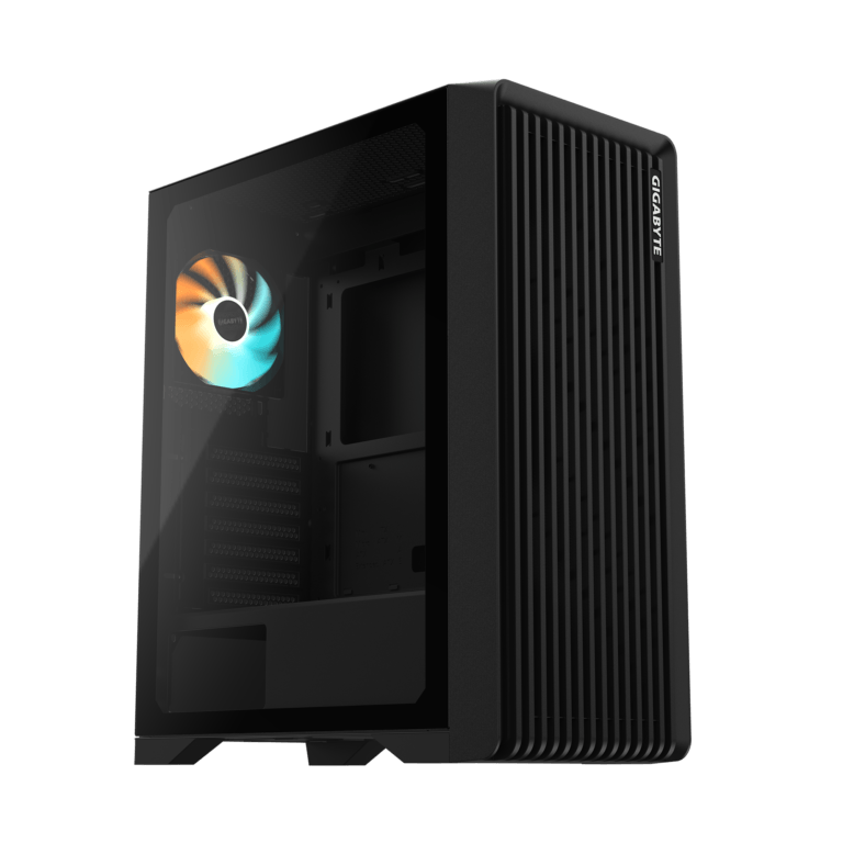 Black Gigabyte PC case with a transparent side panel and a colorful RGB fan visible inside, front vents on the right side of the image.
