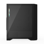 Side view of a black built-in oven with a glass door and faint interior racks visible through the door.