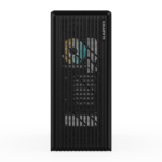 Front view of a black server chassis with vertical vent slats and a visible cooling fan behind a mesh grille, GIGABYTE logo on the side.