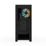 Back view of a black computer case showing a honeycomb ventilation panel with an RGB-lit fan inside.