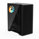 Black mid‑tower PC case with a tempered glass side panel revealing a rainbow RGB cooling fan and 'GIGABYTE' branding on the front grille