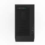 Rear view of a dark desktop tower showing a perforated side panel and a vertical strip of input/output ports along the right edge (USB ports, audio jacks, reset/power area).
