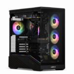 Gaming desktop PC with a glass side panel and RGB-lit fans visible inside