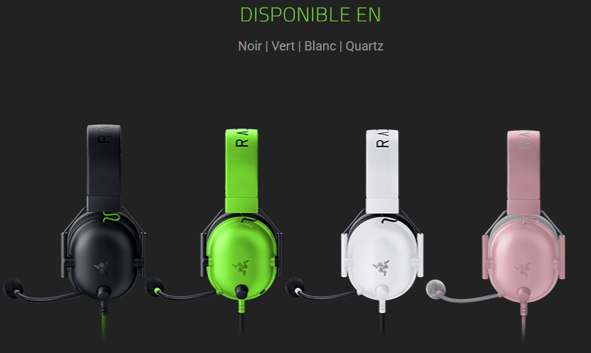 Four over-ear headphones in black, neon green, white, and pink displayed in a row on a dark background, caption reads: Disponible en Noir | Vert | Blanc | Quartz.