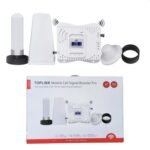 Mobile signal booster kit with external antenna, indoor antenna, amplifier, and accessories beside the product box.