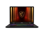 MSI gaming laptop with rainbow RGB keyboard; screen shows a neon-lit scene with a gold dragon shield.