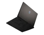 Open black gaming laptop angled to show the lid with a glowing shield logo and the vented base behind it.