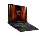 MSI gaming laptop with a black chassis and a rainbow RGB keyboard, angled to showcase the screen displaying a glowing emblem.
