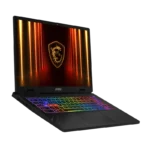 MSI gaming laptop with a black chassis and a rainbow RGB keyboard, angled to showcase the screen displaying a glowing emblem.