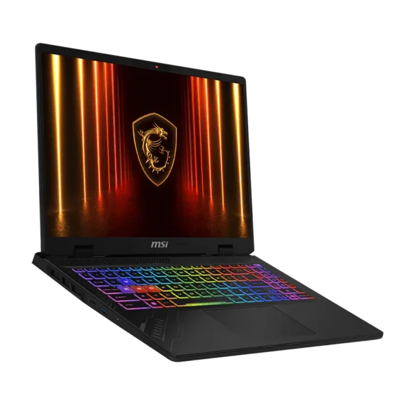 MSI gaming laptop with a black chassis and a rainbow RGB keyboard, angled to showcase the screen displaying a glowing emblem.