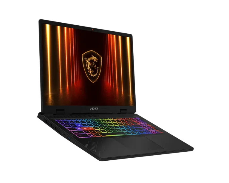 MSI gaming laptop with a black chassis and a rainbow RGB keyboard, angled to showcase the screen displaying a glowing emblem.
