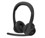 Black over-ear headset with cushioned ear cups and attached boom microphone, Logitech logo visible on the ear cup