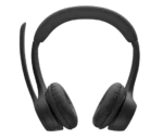 Black over-ear headset with attached microphone and padded ear cups, viewed from front-left.