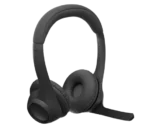 Black over-ear headset with cushioned ear cups and a flexible boom microphone.