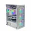 White desktop PC tower with a transparent side panel showing RGB-lit fans and internal components (GPU, cooling)