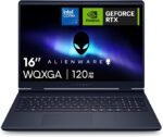 Alienware laptop with a 16-inch display showing Intel Core i7, NVIDIA GeForce RTX logos, alien head branding, and 120Hz WQXGA text on a dark blue background. | Ahoundjuè Technologies Alienware laptop with a 16-inch display showing Intel Core i7, NVIDIA GeForce RTX logos, alien head branding, and 120Hz WQXGA text on a dark blue background.