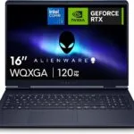 Alienware laptop with a 16-inch display showing Intel Core i7, NVIDIA GeForce RTX logos, alien head branding, and 120Hz WQXGA text on a dark blue background.