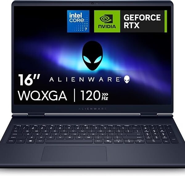 Alienware laptop with a 16-inch display showing Intel Core i7, NVIDIA GeForce RTX logos, alien head branding, and 120Hz WQXGA text on a dark blue background.