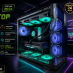 High-end gaming PC with a transparent case, glowing RGB fans and water cooling, GeForce RTX GPU, and French feature callouts on the left; 24-month warranty badge visible.