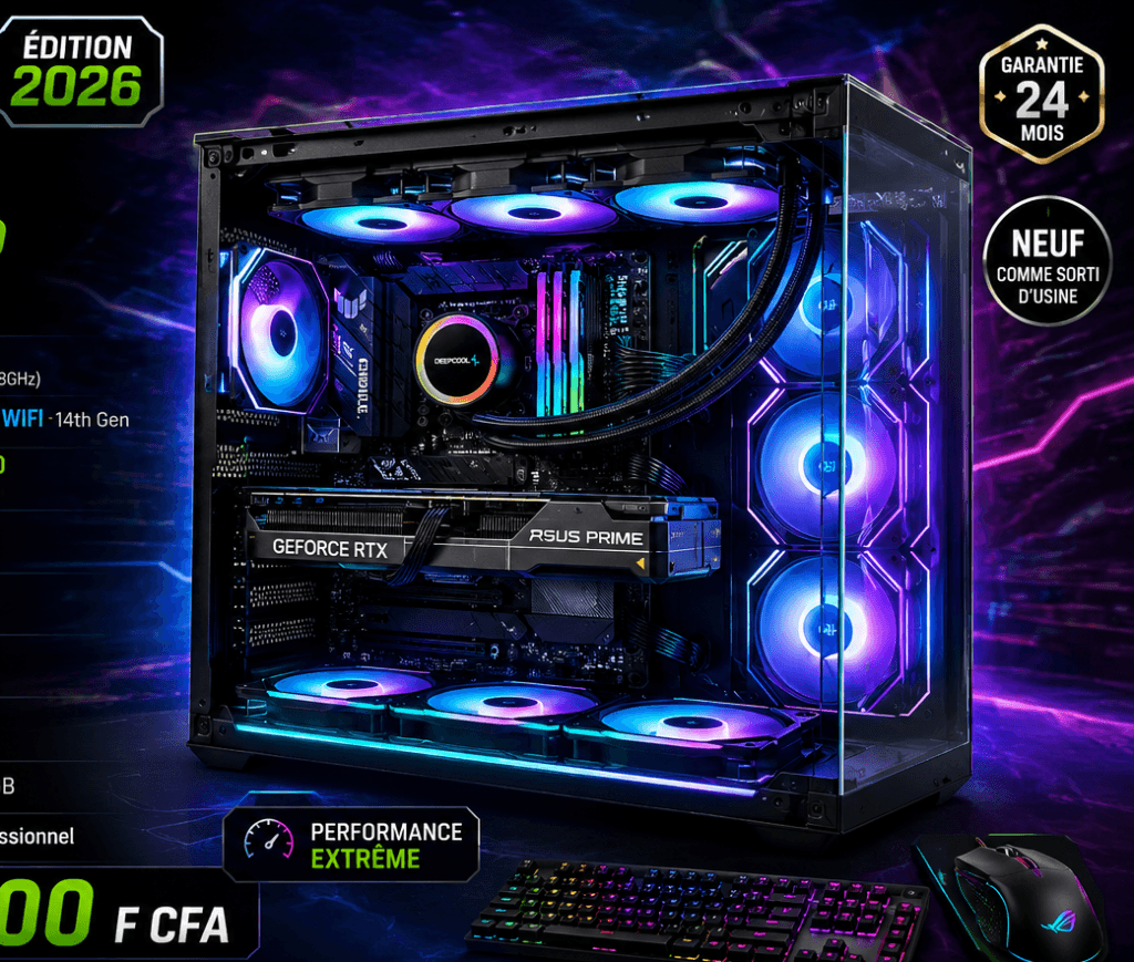 RGB-lit gaming PC with glass side panel, visible cooling loop and an RTX graphics card, glowing blue/purple lighting; keyboard and mouse in foreground.