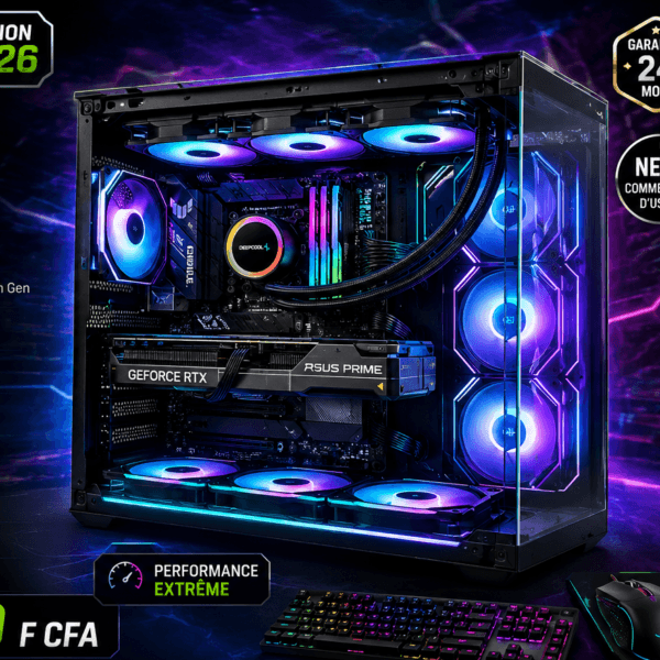 RGB-lit gaming PC with glass side panel, visible cooling loop and an RTX graphics card, glowing blue/purple lighting; keyboard and mouse in foreground.