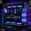 RGB-lit gaming PC with glass side panel, visible cooling loop and an RTX graphics card, glowing blue/purple lighting; keyboard and mouse in foreground.