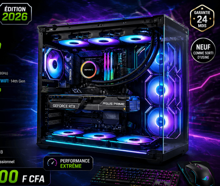 RGB-lit gaming PC with glass side panel, visible cooling loop and an RTX graphics card, glowing blue/purple lighting; keyboard and mouse in foreground.