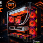High-end gaming PC with RGB lighting, transparent case, liquid cooling, and an RTX graphics card inside; 2026 edition badge visible.