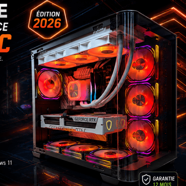 High-end gaming PC with RGB lighting, transparent case, liquid cooling, and an RTX graphics card inside; 2026 edition badge visible.