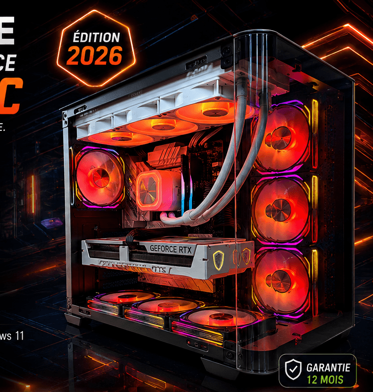 High-end gaming PC with RGB lighting, transparent case, liquid cooling, and an RTX graphics card inside; 2026 edition badge visible.
