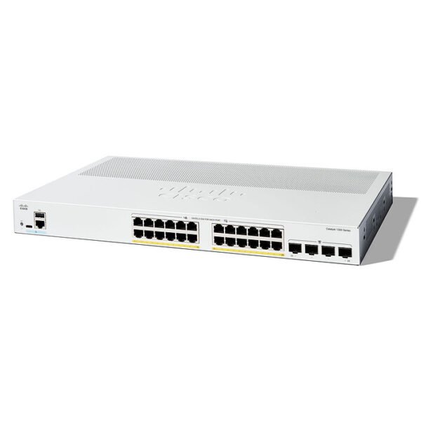Cisco white network switch with multiple Ethernet ports and a vented top, used in data networks.
