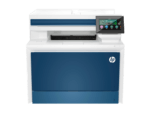 White HP printer with a blue front panel and a right-side touchscreen control panel.