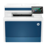 White HP printer with a blue front panel and a right-side touchscreen control panel.