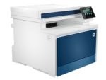 HP color laser multifunction printer with scanner bed, output tray, and side touchscreen control panel