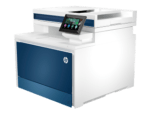 White HP all-in-one printer with a blue front panel, top document feeder, and color touchscreen control panel.