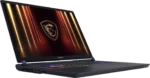 MSI gaming laptop open, angled left, with rainbow RGB keyboard glow and a gold dragon crest on screen.