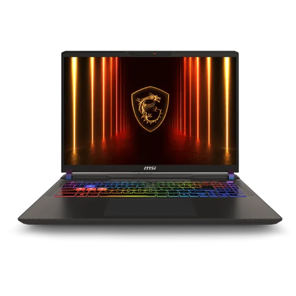 Open MSI gaming laptop with rainbow RGB keyboard and dragon emblem wallpaper on screen