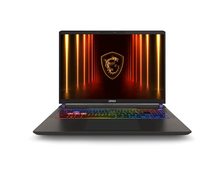 Open MSI gaming laptop with rainbow RGB keyboard and dragon emblem wallpaper on screen
